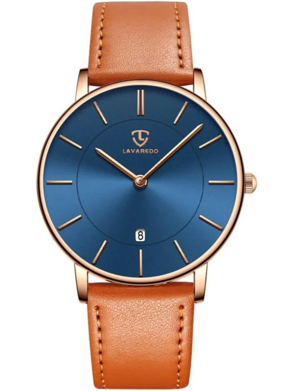 Men Blue Orange Leather Strap Analog Minimalist Fashion Simple Round Wrist Watch